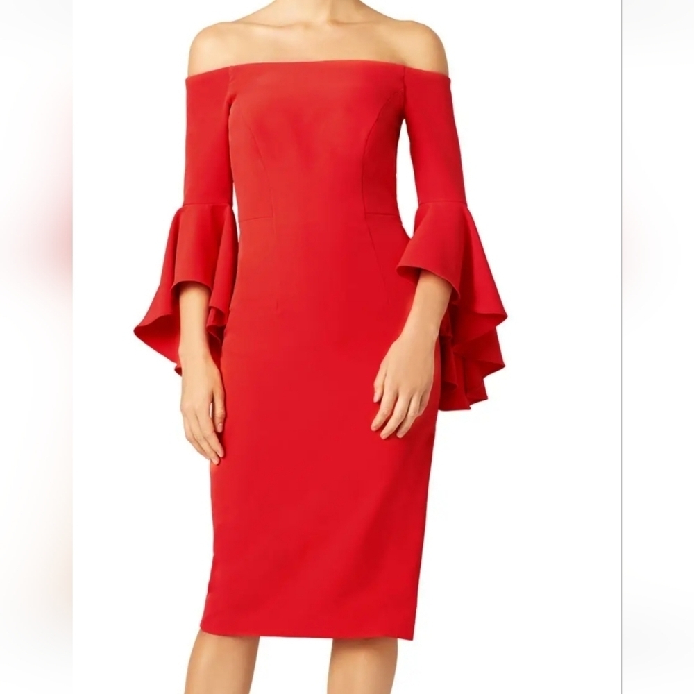 Milly Red Selena Ruffled Bell Sleeve Off-Shoulder Cocktail Dress